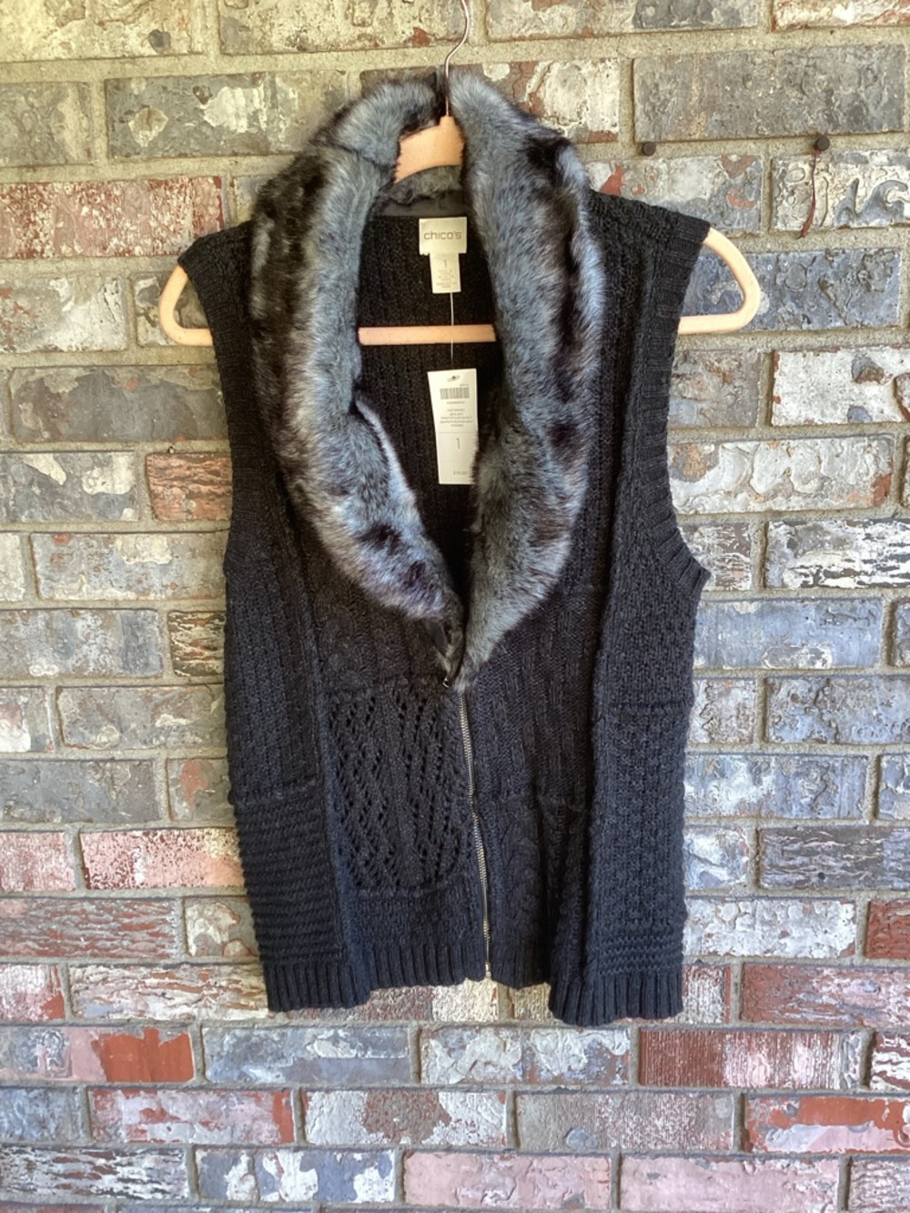 Chico's Black Knit Vest with Gray Faux-Fur Collar